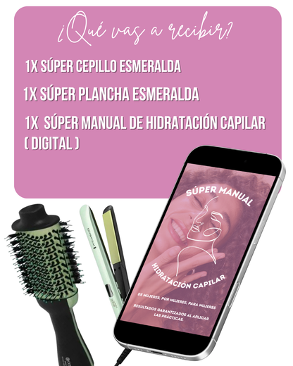 COMBO ESMERALDA CHIC ( CEPILLO + PLANCHA + MANUAL DE HIDRATACIÓN CAPILAR)